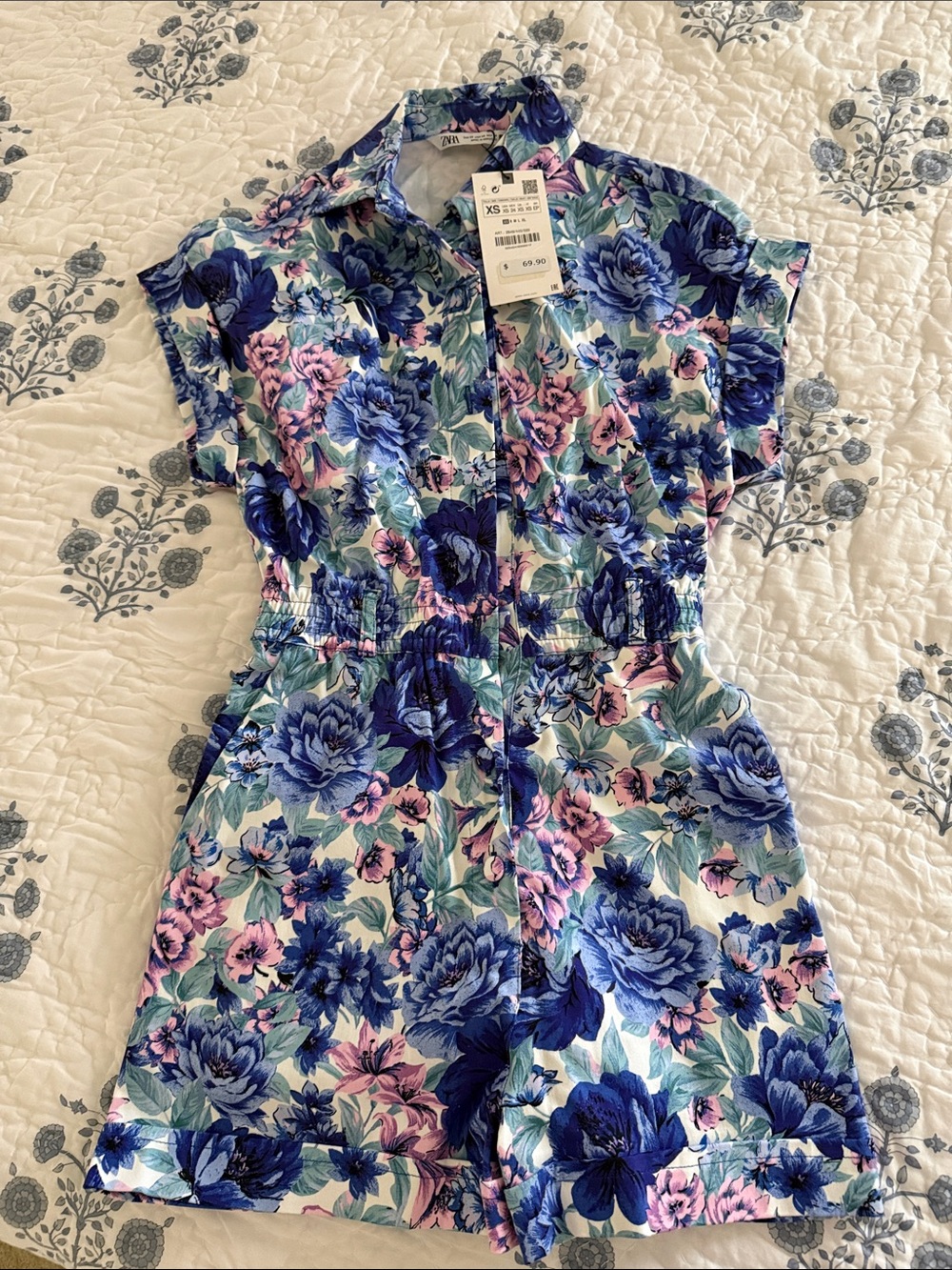 Zara Blue & Pink Floral Short Sleeve Romper